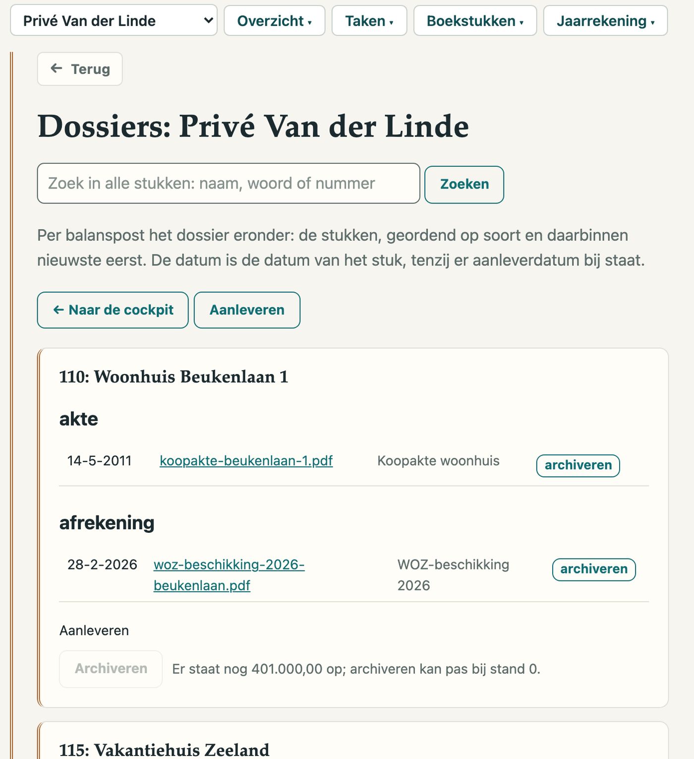 Dossiers: per bezitting de akte en de afrekeningen
